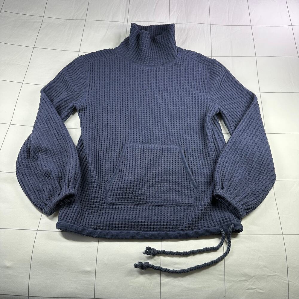 Faherty Sweater Womens XS Blue Thermal Pullover Mock Neck Kangaroo Pockets Coast